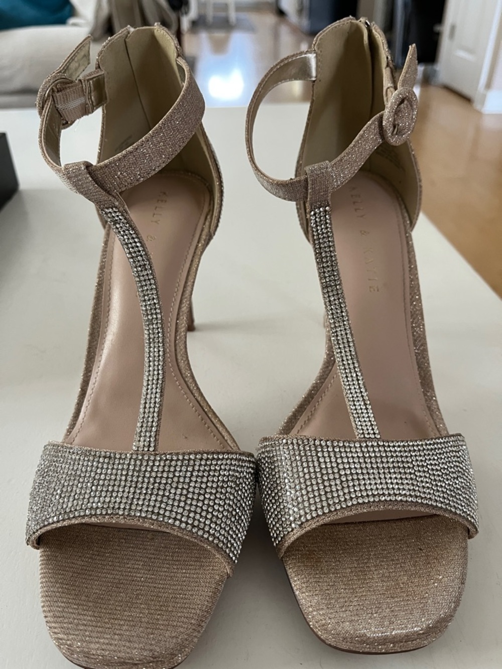 Rose Gold T-Strap Rhinestone Heels